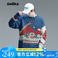 古由卡（GUUKA）美式復(fù)古潮牌寬松針織衫毛衣男士秋季林墨同款青少年太陽(yáng)花打底衫 藍(lán)色 XL