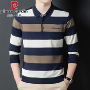 皮爾卡丹（pierre cardin）中年長(zhǎng)袖T恤男士翻領(lǐng)條紋爸爸春裝薄款帶口袋針織polo打底衫上衣 11134卡其 M 165
