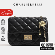CHARLIE&KELLI CK品牌包包女包2025新款520情人節(jié)禮物鏈條菱格包小香風(fēng)單肩斜挎 黑色淺金有l(wèi)ogo（金色內(nèi)里）
