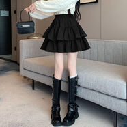 GOCHIEI高腰短裙蛋糕裙女2025春夏新款荷葉邊顯瘦大擺A字蓬蓬裙半身裙女 黑色半身裙[帶安全褲] 2XL 適合[125-135斤]