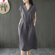 皮爾卡丹出口法國夏季新款棉麻系帶豎條紋連衣裙女復(fù)古文藝無袖中長裙 深灰 M 110斤以下