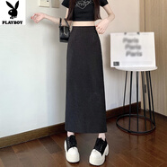 花花公子（PLAYBOY）黑色西裝半身裙女夏2025新款垂感高腰開叉長裙修身直筒包臀裙子薄 條紋 8510#黑條紋 S