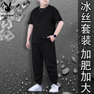 花花公子大碼短袖T恤男裝套裝男夏季胖子加肥加大寬松休閑運動套裝兩件套 【無圖73000】長褲+短袖】冰絲 6XL 推薦240-260斤