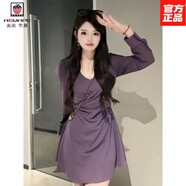 AEMAPE微長(cháng)袖連衣裙女2025秋季新款御姐風(fēng)綁帶收腰設計顯瘦連衣裙 丁香紫 M 建議85-105斤