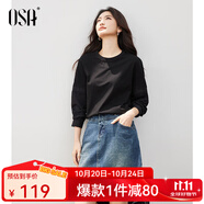 歐莎（OSA）白色薄款T恤女士長(zhǎng)袖寬松女裝2025年秋新款季蕾絲拼接上衣百搭 黑色 L