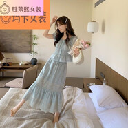 勝萊熙花栗鼠小姐 夏日森會 氣質(zhì)泡泡袖小衫+繡花半裙女夏法式田園套裝 淺藍上衣 S
