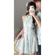 現寶蓮法式無(wú)袖掛脖連衣裙女夏海邊情侶裝襯衫短裙感氣質(zhì) 女_連衣裙(短裙) S