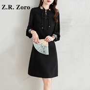 Z.R.Zoro奢侈品連衣裙女2025秋季新款復(fù)古中國風(fēng)刺繡釘珠立領(lǐng)旗袍連衣裙女 黑色 M