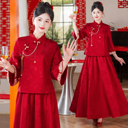 景華年喜慶訂婚禮服新中式女漢服國風(fēng)民族風(fēng)復古刺繡上衣半身裙套裝唐裝 紅色上衣（配項鏈）+紅色半身裙 M （建議85-105斤）