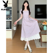花花公子（PLAYBOY）夏新款法式甜美蕾絲拼接連衣裙女海邊度假風(fēng)碎花蝴蝶結(jié)系帶中長(zhǎng)裙 紫色蝴蝶結(jié)【系帶連衣裙】 繡花 S 80-98