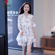 皮爾卡丹（pierre cardin）連衣裙套裝女2025夏季氣質(zhì)顯瘦遮肚字碎花雪紡闊腿短褲兩件套套裝 白色 兩件套【同款高品質(zhì)】 2XL 120-130斤