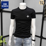 羅蒙（ROMON）歐洲站短袖T恤男冰絲立體印花圓領(lǐng)打底衫修身簡(jiǎn)約夏季男上衣 黑色 好質(zhì)量短袖 A143# M 90-105斤