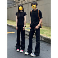 卡圖弛cra黑色美式微喇牛仔褲男女夏季高街vibe窄版顯瘦情侶直筒長褲子 黑色 XL