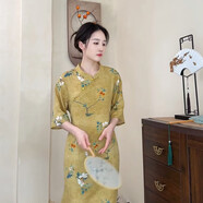 酷章（KUZHANG）新中式復(fù)古國風(fēng)氣質(zhì)名媛甜美印花年輕款改良旗袍連衣裙女夏季新款 秋檀開衩 高品質(zhì) 2XL 裙長135CM適合身高160-172