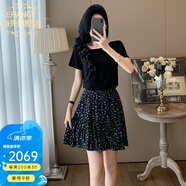 Ehangy國際高檔女士休閑洋氣套裝黑色圓領(lǐng)短袖上衣碎花半身裙兩件套裙 黑色T恤+碎花半身裙【高端禮盒】 M