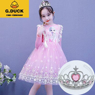 G.DUCKKIDS愛(ài)莎公主裙小女孩艾莎長(cháng)袖裙子兒童冰雪奇緣秋冬款加絨女童連衣裙 粉紅色艾莎長(cháng)袖(+皇冠) 130 建議身高120厘米