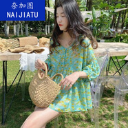 奈加圖娃娃衫上衣夏季新品通勤韓版寬松甜美燈籠袖高端碎花襯衫女中袖 綠色蒲公英 XL 建議130-145