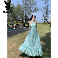 花花公子（PLAYBOY）薄荷曼波海邊度假氛圍感沙灘裙設(shè)計(jì)感掛脖連衣裙仙女氣質(zhì)大擺裙子 綠色帶胸墊 S