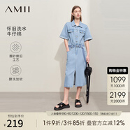 AMII2025夏新款套頭半開襟短袖配腰帶前開衩長款牛仔棉連衣裙女 牛仔藍 160/84A/M