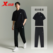 特步運(yùn)動(dòng)套裝男夏季新款短袖長(zhǎng)褲跑步健身T恤薄款兩件套休閑運(yùn)動(dòng)服男 黑+黑9304 180(XL)