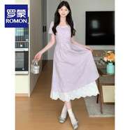 羅蒙（ROMON）法式甜美蕾絲拼接連衣裙女夏新款海邊度假風(fēng)碎花蝴蝶結(jié)系帶中長(zhǎng)裙 紫色蝴蝶結(jié)【系帶連衣裙】 繡花 S 80-98