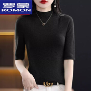 羅蒙（ROMON）23年新款半高領(lǐng)五分袖羊毛針織衫女春秋短款中袖修身打底上衣薄款 黑色 XL 120-135斤