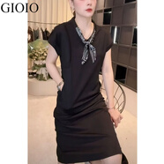 GIOIO絲巾拼接連衣裙女2025新款夏季韓版休閑時(shí)尚純色簡(jiǎn)約中長(zhǎng)款T恤裙 黑色純色絲巾連衣裙 2XL 建議120-130斤