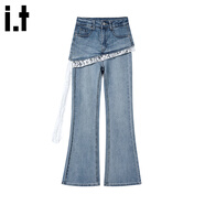 :CHOCOOLATE it假兩件疊穿牛仔褲女夏季2025新款顯瘦蕾絲喇叭長(cháng)褲 淺藍色  S