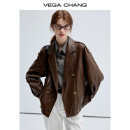 VEGA CHANG春秋季皮衣外套女2025年新款復古曠野美拉德外套 機車(chē)棕 M