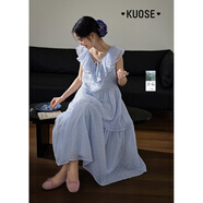 闊色（kuose）藍(lán)色荷葉邊無(wú)袖系帶收腰連衣裙25夏季新款女白色長(zhǎng)裙子背心裙 淺藍(lán)色 S