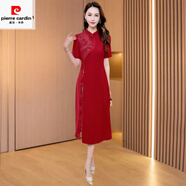 皮爾卡丹喜婆婆婚宴服貴夫人品牌廣州十三行2025女夏新中式旗袍氣質(zhì)連衣裙 紅色-春款長袖正式場合上檔次顯 M (適合85-105斤)