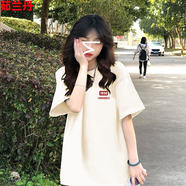 茹蘭丹純棉短袖T恤女韓版寬松ins夏季新款中長(zhǎng)款顯瘦半袖上衣服女裝 杏色【左胸1990】 M 【80-110斤】