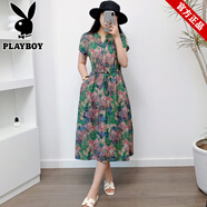 花花公子（PLAYBOY）棉綢連衣裙女夏季新款大碼v領(lǐng)收腰中長裙顯瘦氣質(zhì)媽媽人造棉裙子 紫色 3XL 3x(100斤-130斤)