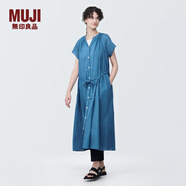 無印良品（MUJI）女式 強(qiáng)捻法國袖連衣裙 女裝裙子夏季純棉全棉襯衫連身裙BC2JGC4S 藍(lán)色 XL(165/92A)