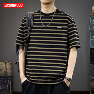 JASONWOOD短袖T恤男夏季簡約透氣休閑百搭衣服新款條紋潮流寬松圓領(lǐng)上衣 197草綠色 M