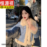 恒源祥年輕款仿狐貍毛皮草外套女冬短款時尚拼接牛仔減齡保暖毛毛上衣 藍色 S