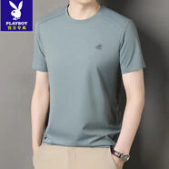 花花公子（PLAYBOY）夏季男士冰絲棉T恤高檔短袖純色圓領(lǐng)印花T恤休閑百搭薄款體恤男 K601青灰 L 175/92A 135-150斤