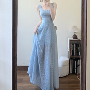 九寸陽(yáng)光夏季藍色法式吊帶連衣裙女2025新款氣質(zhì)收腰顯瘦a字海邊度假裙子 藍色無(wú)袖 M