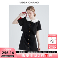 VEGA CHANG假兩件黑色裙子女夏娃娃領(lǐng)法式收腰顯瘦氣質(zhì)連衣裙 黑色 XL