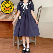 G.DUCKKIDS女童學院風連衣裙夏季2024新款洋氣5-15女孩薄款兒童夏裝短袖裙子 藏青色 學院連衣裙 170 cm身高161-170cm13-15歲