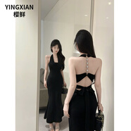 櫻鮮名媛風(fēng)鏈條掛脖綁帶晚禮服吊帶裙女裝夏季純欲性感露背收腰連衣裙 黑色長(zhǎng)裙 M