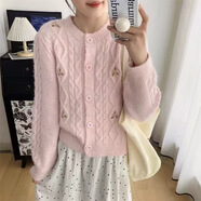 溥畔秋冬新款刺繡花朵麻花毛衣女外套日韓學(xué)院風甜美圓領(lǐng)針織開衫 粉色 均碼
