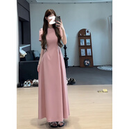 GARNUO法式氣質粉色連衣裙子女夏季2025新款小個子高級感禮服裙收腰長裙 粉色【短袖長款】 M 【101-110斤】