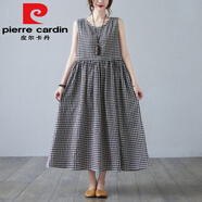 皮爾卡丹（pierre cardin）純.棉格子背心裙夏季新款文藝復(fù)古抽繩收腰大碼顯瘦中長(zhǎng)無(wú)袖連衣 黑白格今年流行的輕奢品牌 XL 適合120-140斤