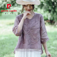 皮爾卡丹（pierre cardin）2025夏季新款V領(lǐng)雙層刺繡棉麻襯衫女寬松大碼拼接歐根紗小衫上衣 紫色 L :建議：100-115斤