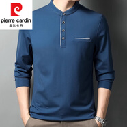 皮爾卡丹（pierre cardin）中年半高立領(lǐng)長(cháng)袖t恤男冰絲光棉打底衫爸爸秋裝上衣薄帶扣子口袋 蘭色 M 165