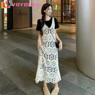 VOYDOVE胖MM特大碼300斤復古疊穿鉤花鏤空連衣裙套裝女A字長(cháng)裙T恤兩件套 黑色裙+蕾絲裙兩件套 2XL 【150-190斤】