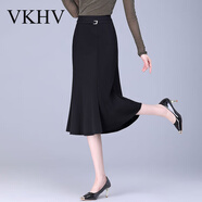 VKHV品牌小個(gè)子半身裙女裙子春秋新款西裝魚尾半裙一步裙中長(zhǎng)款包臀裙 黑色 M 建議92-102斤