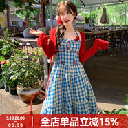 森女部落原創(chuàng)度假風(fēng)不規(guī)則格紋顯瘦甜美掛脖吊帶連衣裙女大裙擺 紅色（單件） L