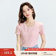 茵曼（INMAN）簡約基礎(chǔ)花邊圓領(lǐng)短袖T恤女2025夏季氣質(zhì)百搭顯瘦休閑上衣 粉紅色 M